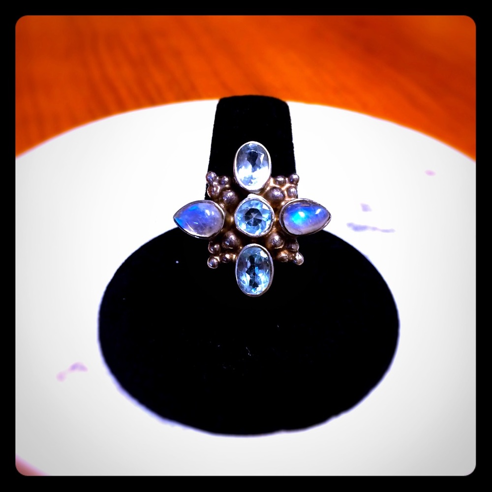 Rainbow moonstone and topaz ring.